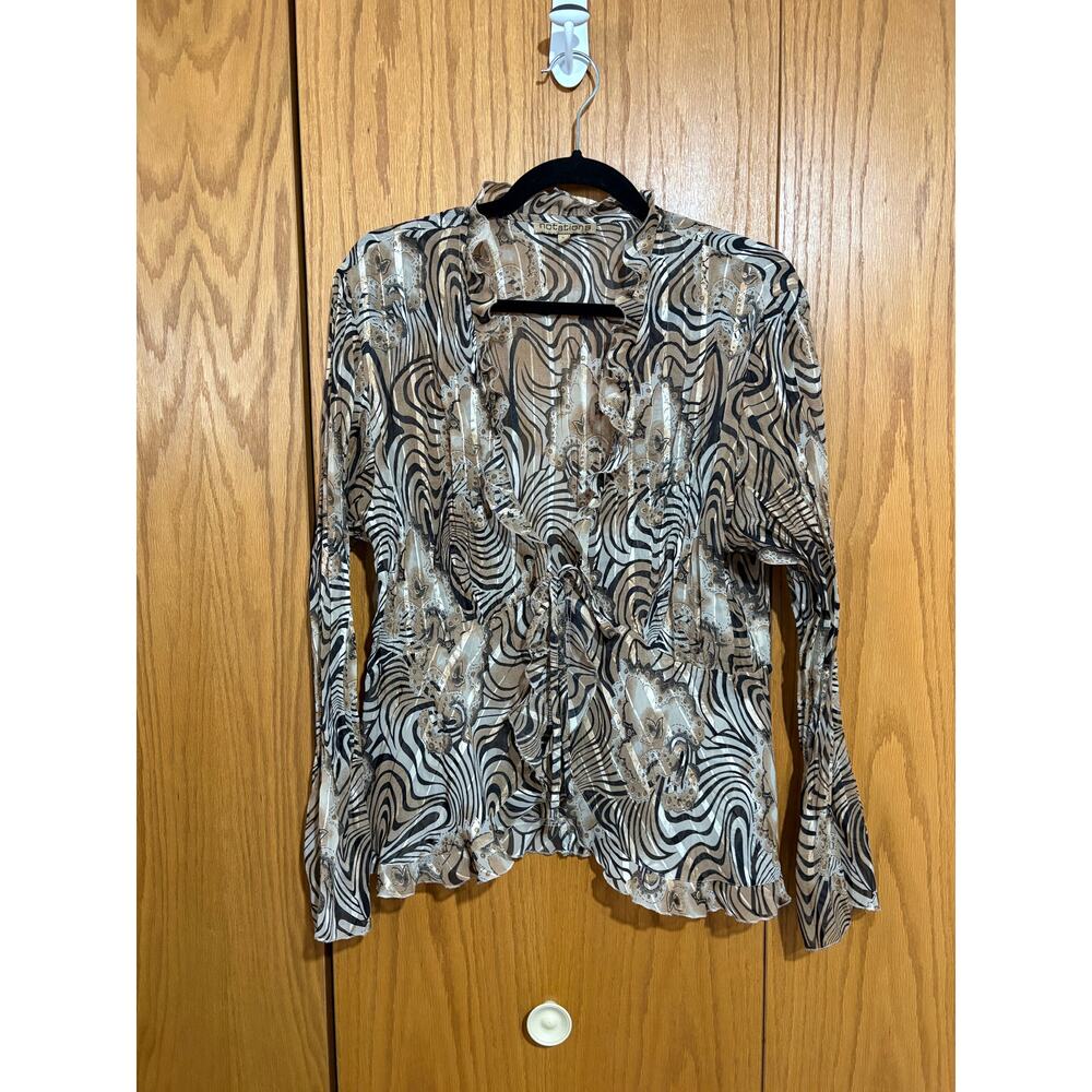 Vintage‎ Y2K tie front sheer animal print ruffle trim top women's XL artsy boho - Picture 3 of 7